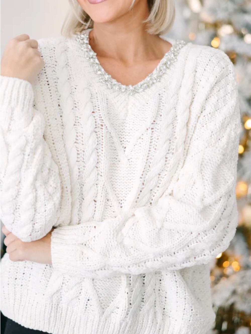 White Cable Knit Sweater with Crystal-Trim Scoop Neck